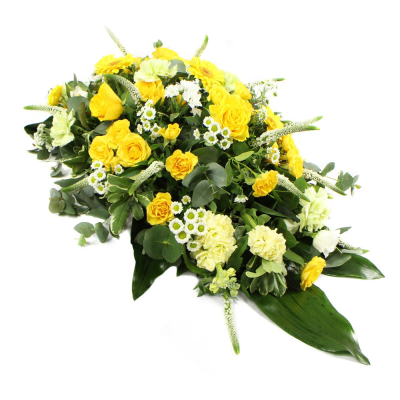 Single Ended Spray SYM-302 - This single ended spray is made using a mix of fresh yellow and white flowers. Same day delivery may not be possible on this design – please contact us to discuss your requirements.